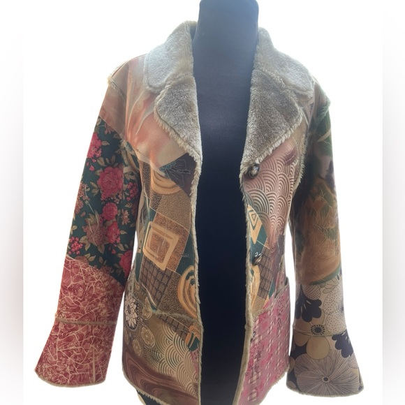 Lapis Penny Lane Coat Artsy Patchwork Print Faux Suede Lined Boho Hippie Retro M - Picture 4 of 10